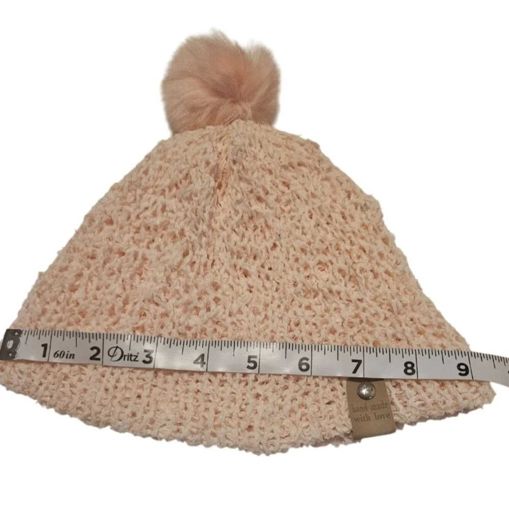 Hand Crafted Crochet pom pom beanie pink Paper Lace 73% Nylon 27% polyester soft
